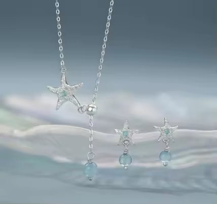 Aqua Starfish Fine Silver Jewelry Set (Style 3) - Three By The Sea Clothing